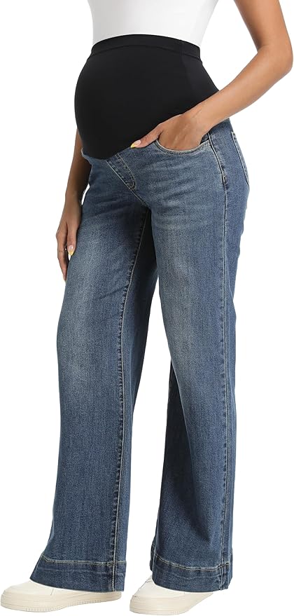 Foucome Women's Maternity Jeans Wide Leg Trendy Comfy Stretchy Straight Leg by Foucome