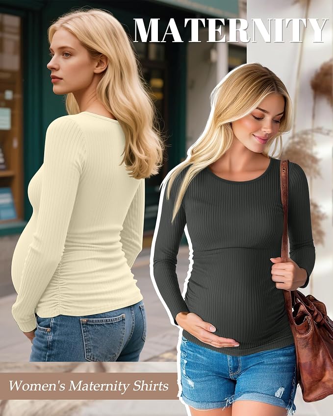 Huukeay 4 Pack Women's Maternity Shirts, Long Sleeve Cotton Ribbed Pregnancy - Image 2