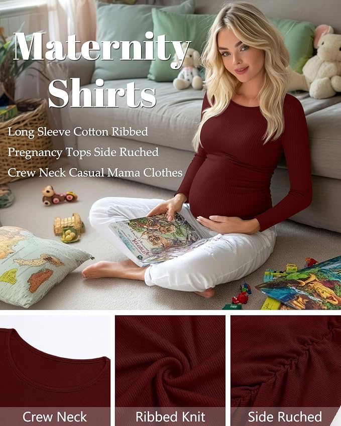 Huukeay 4 Pack Women's Maternity Shirts, Long Sleeve Cotton Ribbed Pregnancy - Image 5