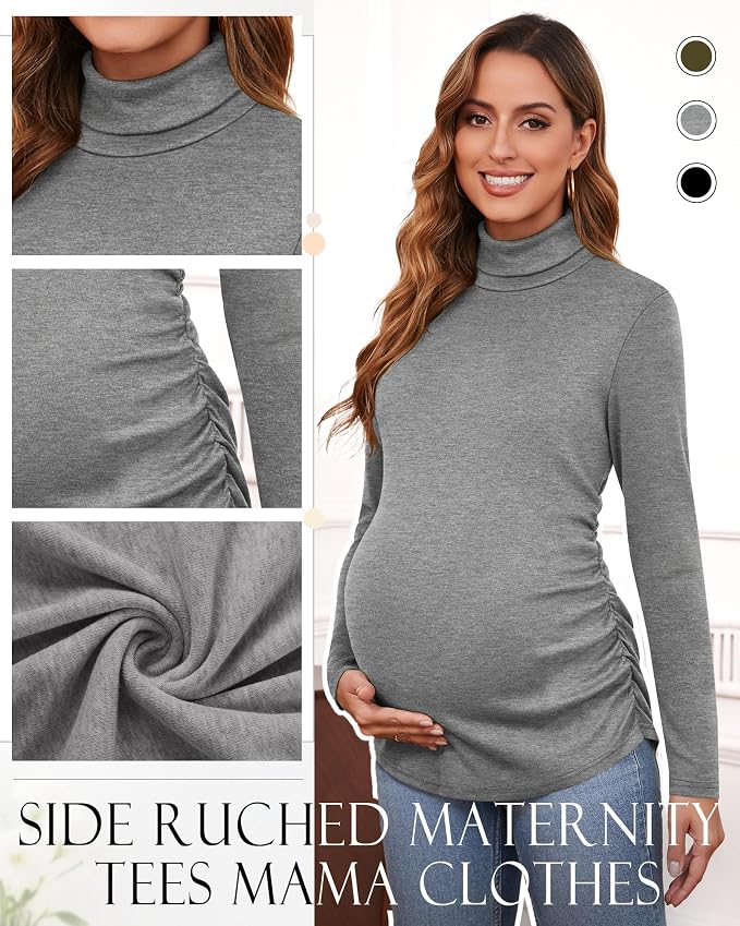 Ficerd 3 Pack Women's Maternity Shirts, Turtleneck Long Sleeve Pregnancy Tops - Image 4