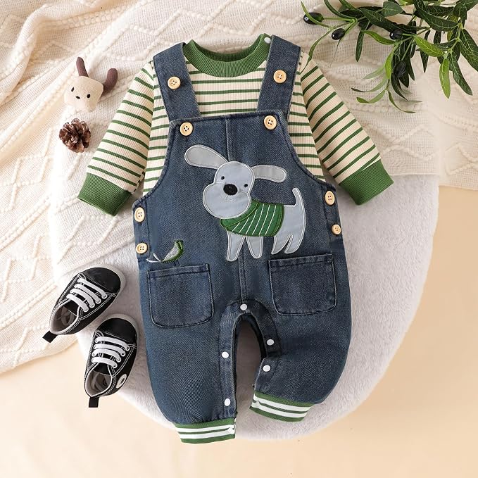 Baby Boy Clothes Fall Winter Outfits Long Sleeve Striped Romper Cute Cartoon - Image 2