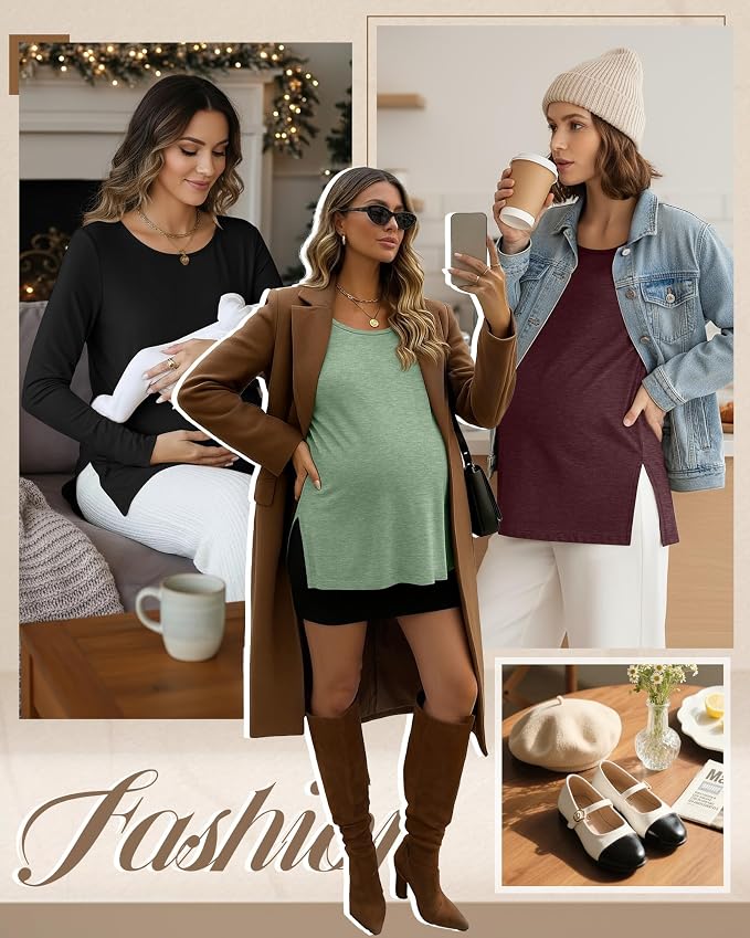 Riyiper 3 Pack Women's Maternity Long Sleeve T-Shirts Round Neck Side Split - Image 2