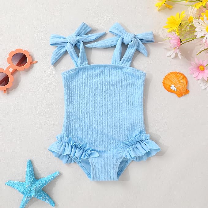 Happy Town Toddler Swimsuit Girl Solid Color Stripe One-Piece Baby Bathing Suits - Image 2