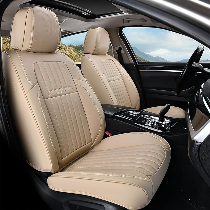 Coverado Beige Nappa Leather Car Seat Covers, Universal Fit Front Seats by COVERADOAUTO