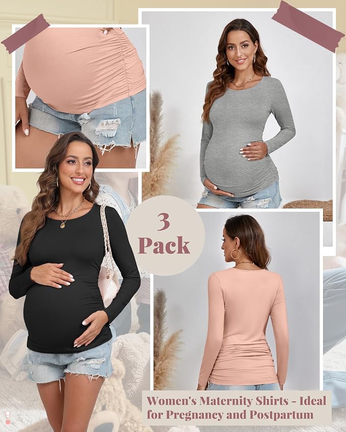 Ficerd 3 Pack Women's Maternity Shirts, Long Sleeve Side Ruched Pregnancy Tee - Image 3
