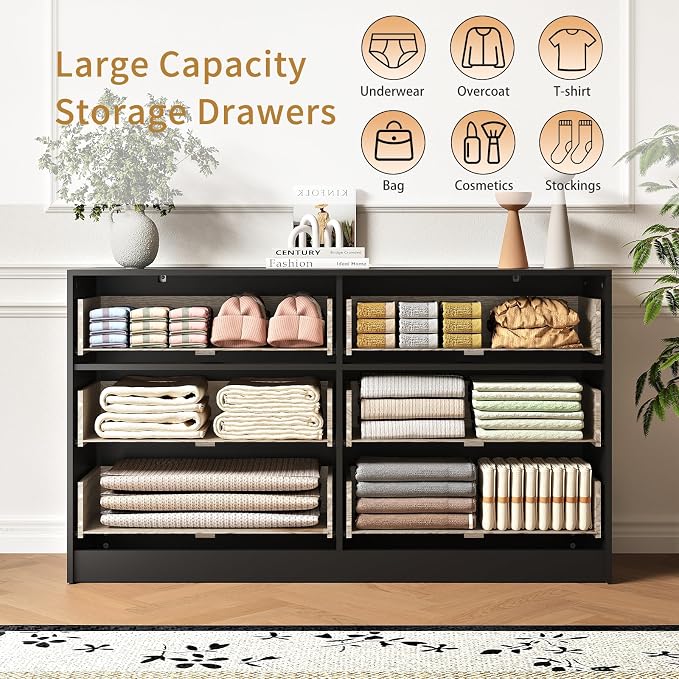 6 Drawers Fluted Dresser for Bedroom, Large Floor Chest of Drawers, Modern Long - Image 4