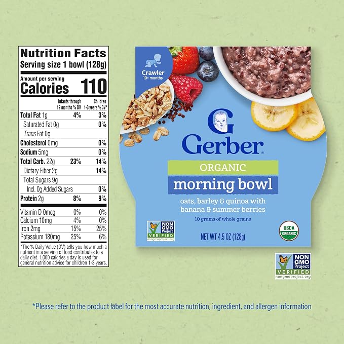 Gerber Stage 3 Baby Food, Organic Morning Bowl, Oats Barley & Quinoa, Baby - Image 2