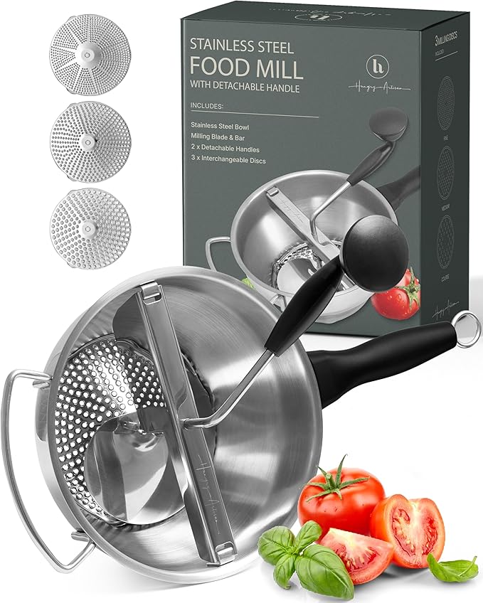 Stainless Steel Food Mill with Detachable Handles – Hand Crank Grinder by TheHungryArtisan