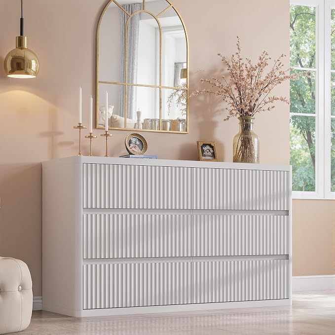 White 6 Drawers Double Dresser, Fluted Dresser - Image 8