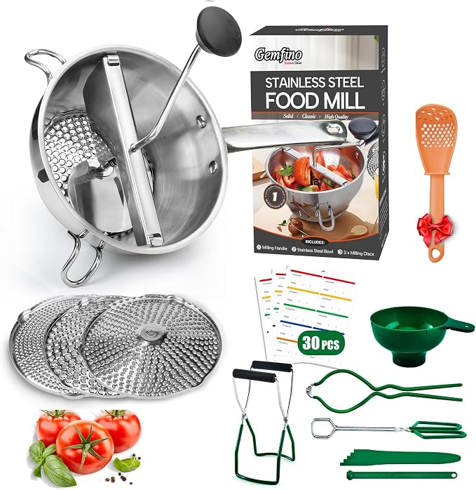Food Mill Stainless Steel With 3 Grinding Discs and Complete Canning Supplies by Gemfino