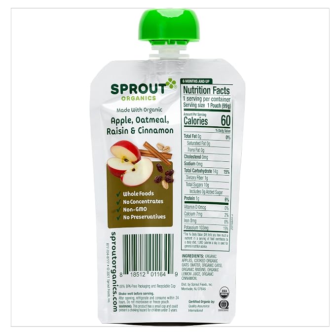 Sprout Organic Baby Food, Stage 2 Pouches, Apple Oatmeal Raisin - Image 4