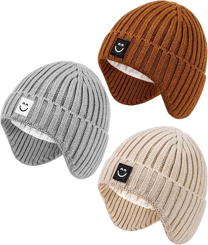 3 Pack Baby Beanie Hats with Earflaps, 2 Size Baby Winter Hat by Alepo