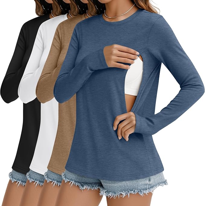 4 Pack Women's Nursing Breastfeeding Tops, Long Sleeve Maternity Shirts Loose by Sweetyweee