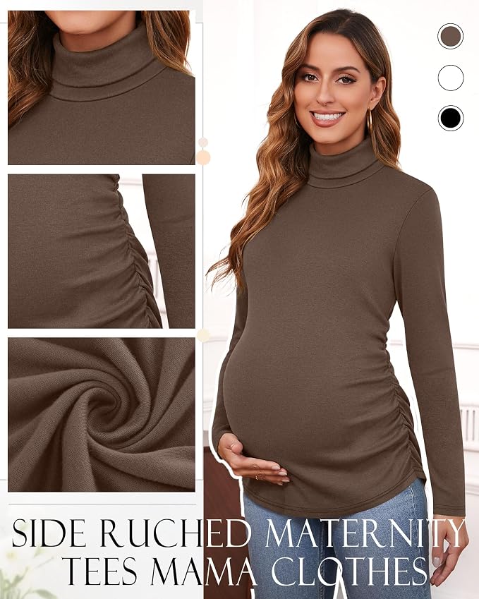Ficerd 3 Pack Women's Maternity Shirts, Turtleneck Long Sleeve Pregnancy Tops - Image 4