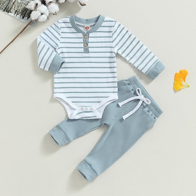 Newborn Baby Boy Girl Clothes Ribbed Knitted Long Sleeve Romper Pants Solid - Image 2