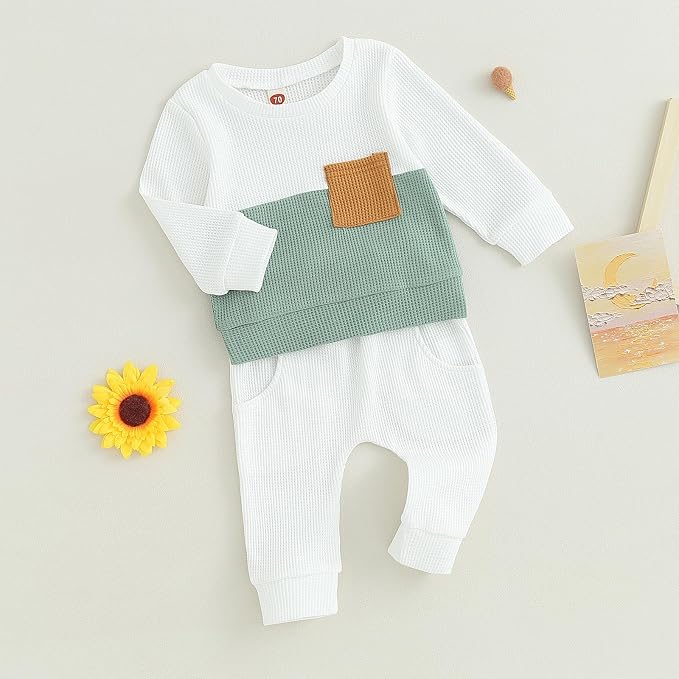 Toddler Baby Boy Fall Clothes Waffle Outfit Long Sleeve Color Blocking - Image 6