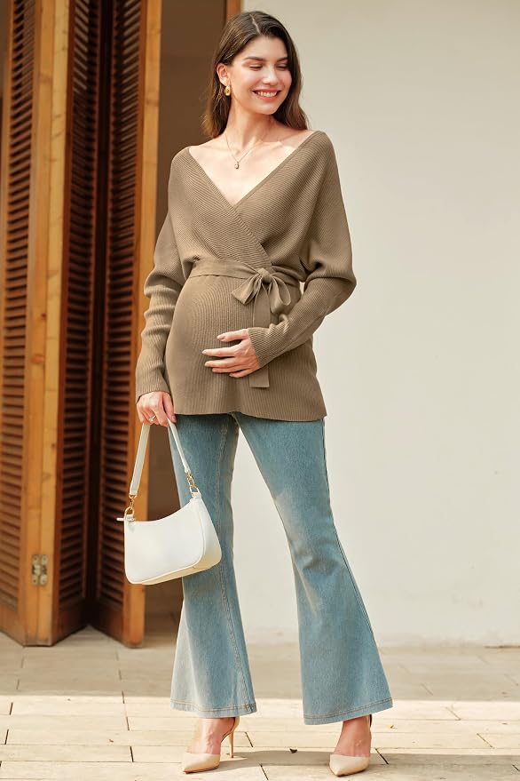 OUGES Womens Soft Cotton Blend Maternity Sweater Wrap V Neck Long Sleeve V Back - Image 6