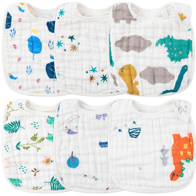 Zainpe 6Pcs Snap Muslin Cotton Baby Bibs Dinosaur Star Bear Pattern Bib by Zainpe