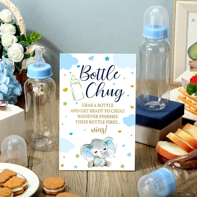 TrelaCo Blue Elephant Cool Baby Shower Games Bottle Chug Sign Wooden Elephant - Image 5