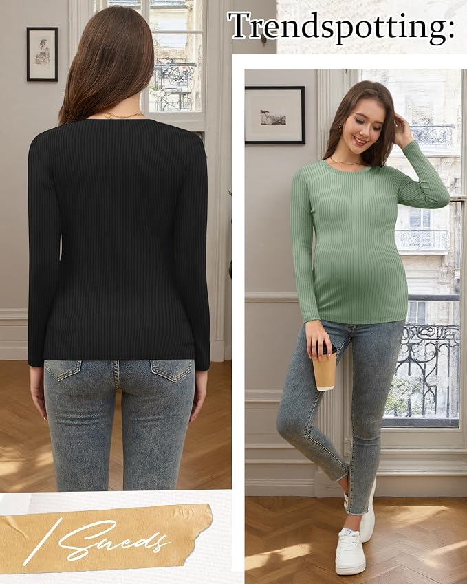Riyiper 3 Pack Women's Maternity Shirts Long Sleeve Ribbed Knit Pregnancy Tees - Image 4