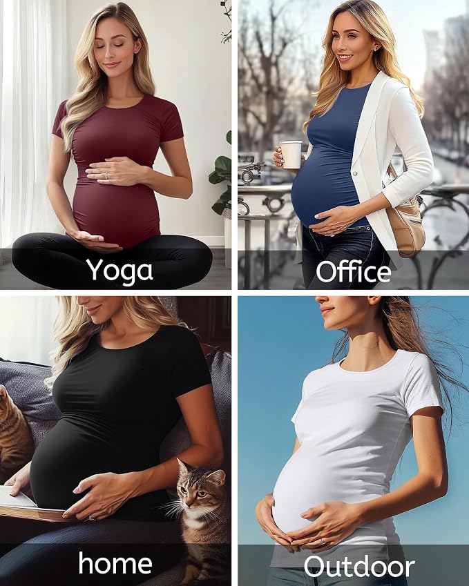 Huukeay 4 Pack Women's Maternity Shirts, Crew Neck Maternity Top Short Sleeve - Image 6