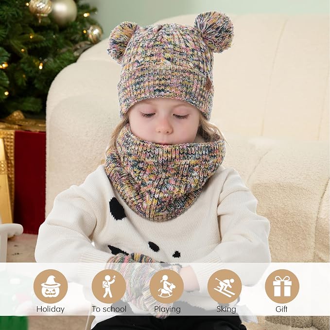 Kids Toddlers Winter Beanie Hats Gloves Neck Scarf Set Mittens Gifts - Image 6