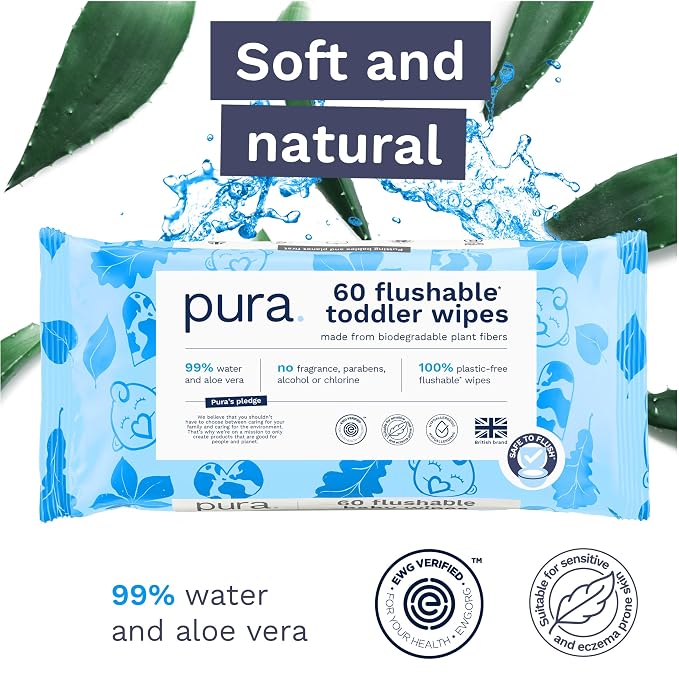 Pura Flushable Toddler Wipes 1 x 60 Wipes, 100% Plastic Free, 99% Water - Image 5