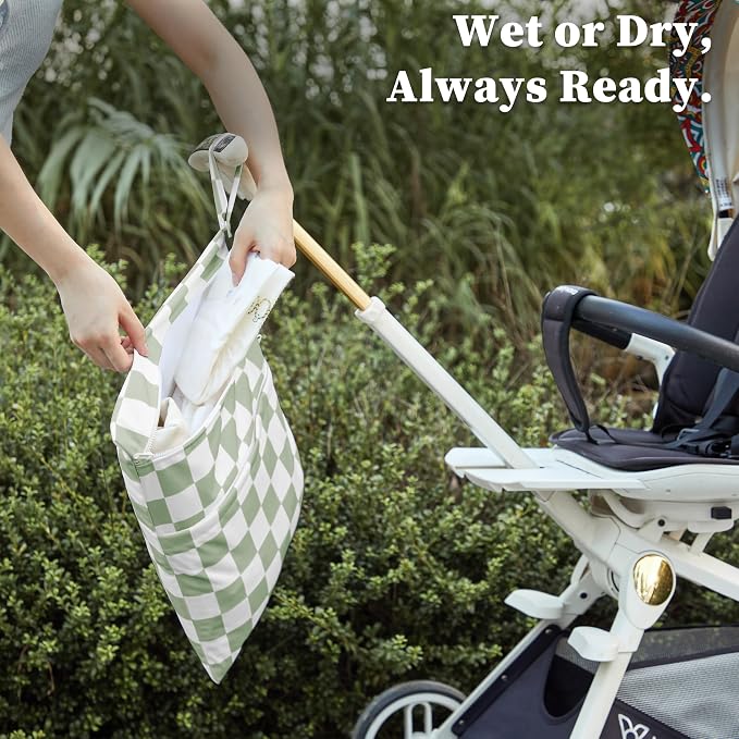 Sage Green Checkered Waterproof Wet Dy Diaper Bag - Image 4