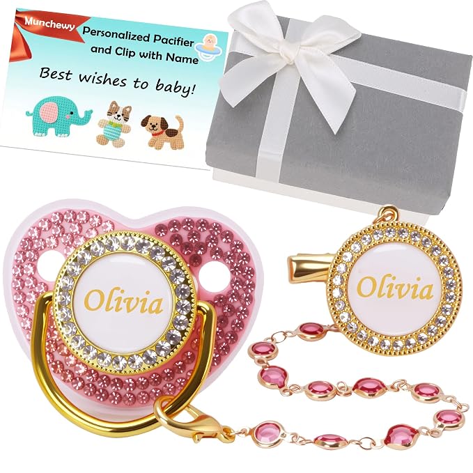 Custom Pacifier with Name, Bling Personalized Pacifier Clip Set with Gift Box by Munchewy
