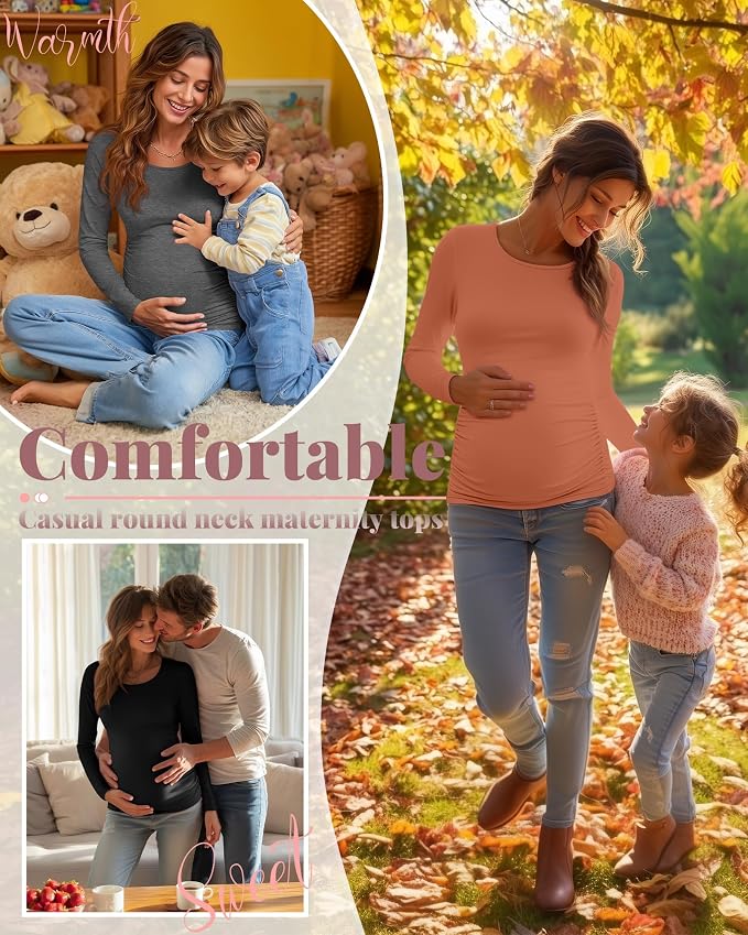 Ficerd 3 Pack Women's Maternity Shirts, Long Sleeve Side Ruched Pregnancy Tee - Image 4