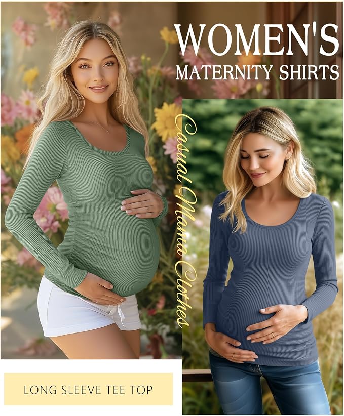 Riyiper 4 Pack Women's Maternity Shirts, Long Sleeve Cotton Ribbed Pregnancy - Image 3