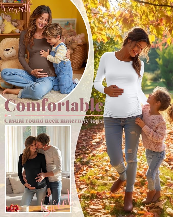 Ficerd 3 Pack Women's Maternity Shirts, Long Sleeve Side Ruched Pregnancy Tee - Image 4