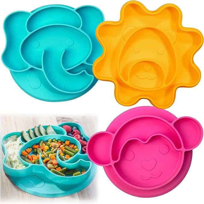 Animal Silicone Compartment Plates- 3 PK Lion, Elephant- Large Divided Sections by Bentology