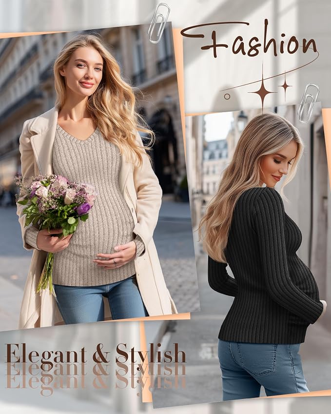 Ficerd 3 Pack Women's Maternity Shirts Ribbed Long Sleeve Pregnancy Tops V Neck - Image 2