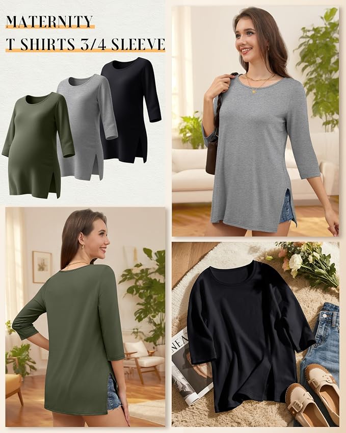3 Pack Women's 3/4 Sleeve Maternity Shirts Elbow Length Clothes Round Neck - Image 3