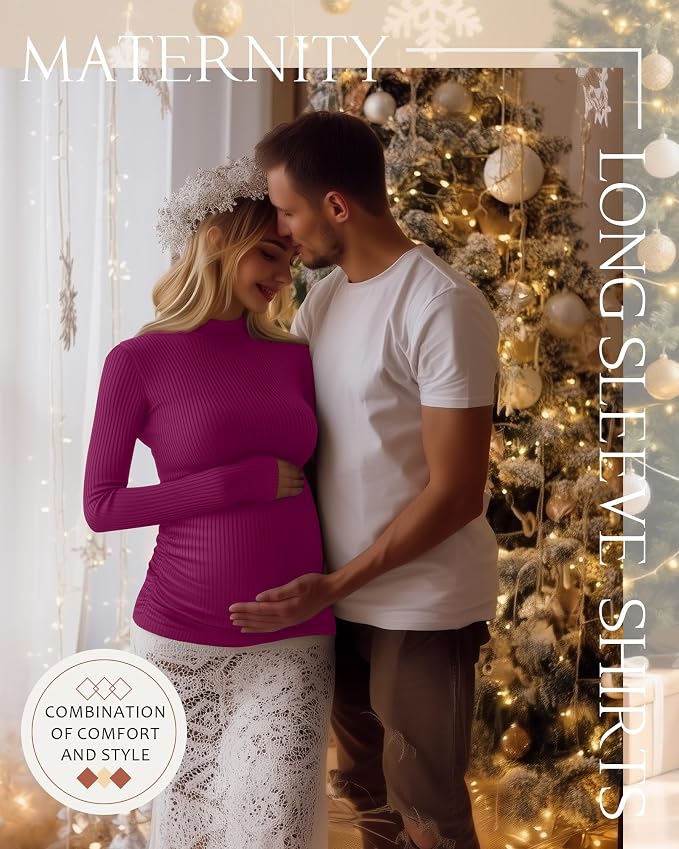 4 Packs Womens Maternity Shirts Long Sleeve Cotton Ribbed Pregnancy Mock Neck - Image 4