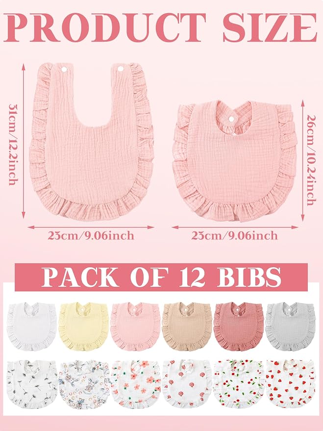 Geyoga 12 Pack Muslin Baby Bibs Adjustable Bandana Drool Bib - Image 3