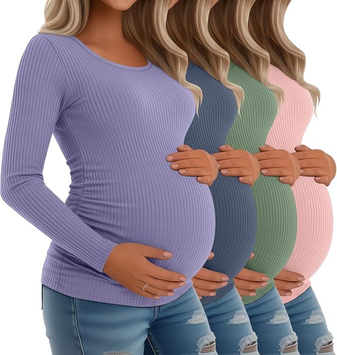 Riyiper 4 Pack Women's Maternity Shirts, Long Sleeve Cotton Ribbed Pregnancy by Riyiper