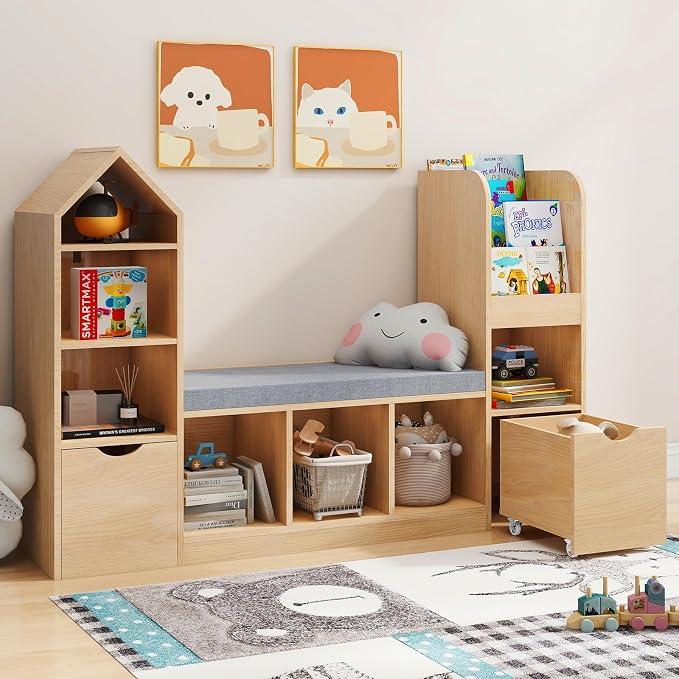 Vabches Kids Bookcase with Reading Nook, Oak Bookshelf with 7 Storage Cubbies & - Image 7