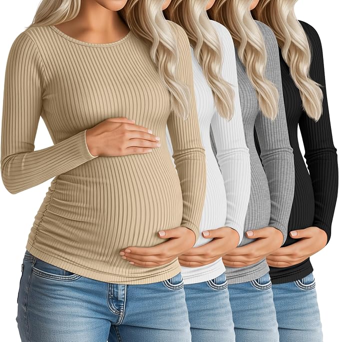 Huukeay 4 Pack Women's Maternity Shirts, Long Sleeve Cotton Ribbed Pregnancy by Huukeay