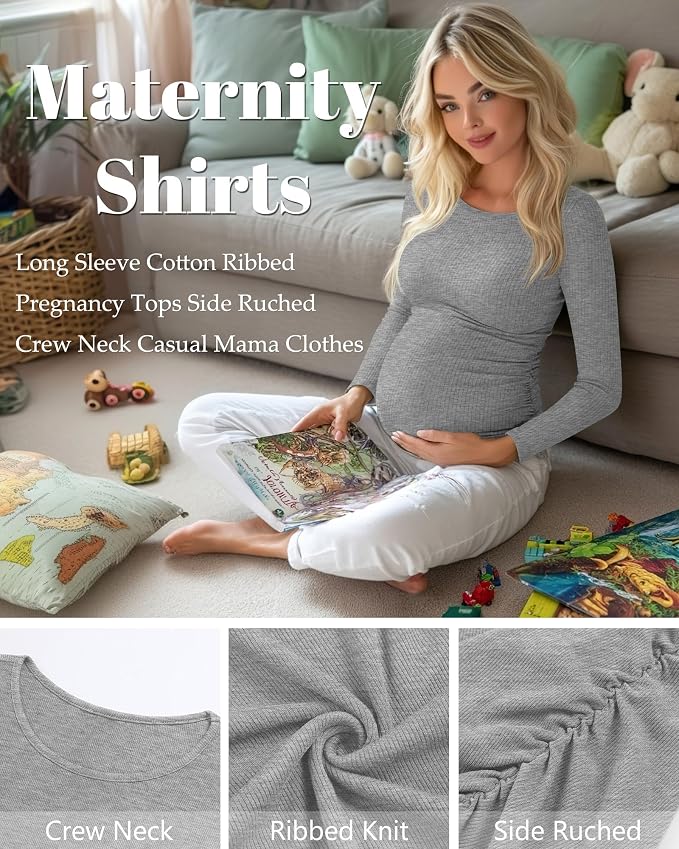 Huukeay 4 Pack Women's Maternity Shirts, Long Sleeve Cotton Ribbed Pregnancy - Image 5