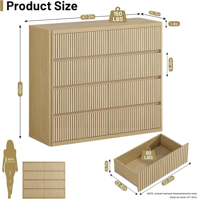 48" Wide Fluted Dresser with 8 Drawers, Modern Chest of Drawers with Deep - Image 2