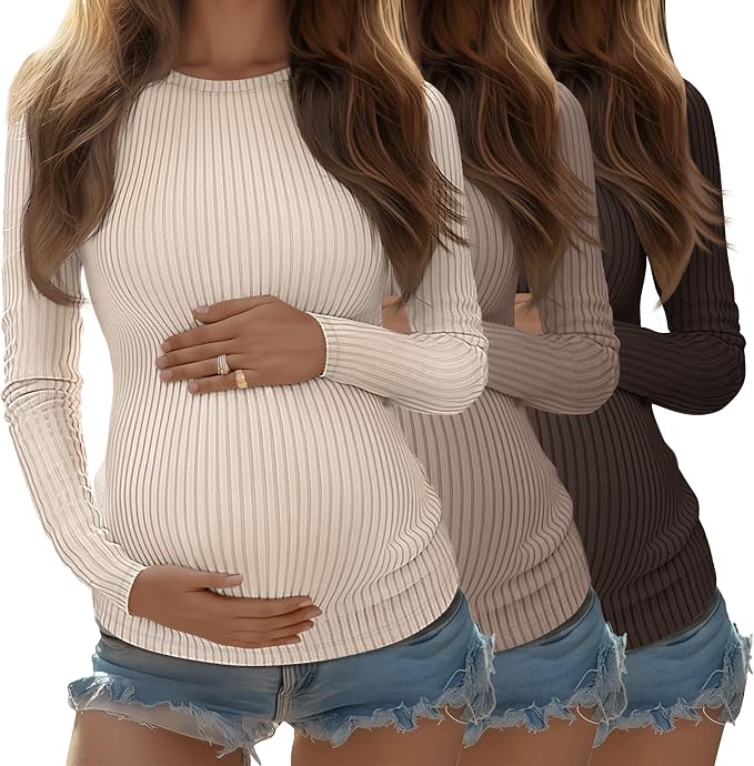 Riyiper 3 Pack Women's Maternity Shirts Long Sleeve Ribbed Knit Pregnancy Tees by Riyiper
