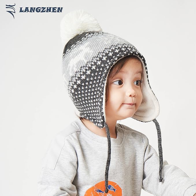 LANGZHEN Toddler Kids Infant Winter Hat, Earflap Knit Warm Cap Fleece Lined - Image 3