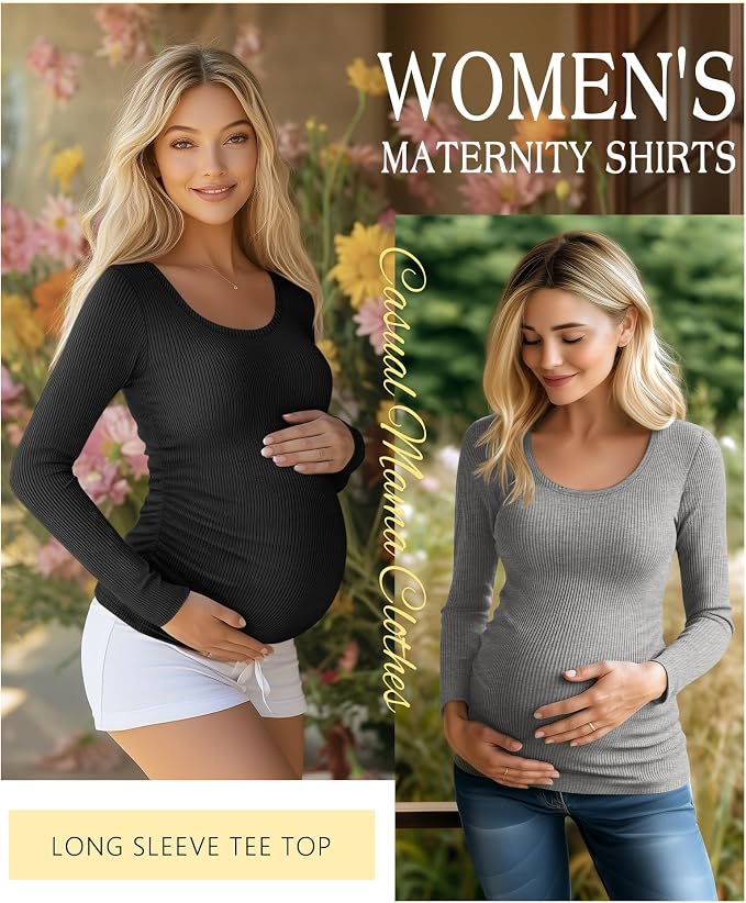Riyiper 4 Pack Women's Maternity Shirts, Long Sleeve Cotton Ribbed Pregnancy - Image 3