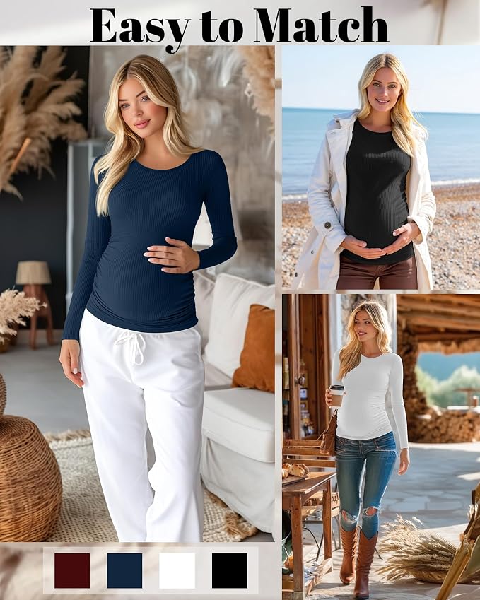 Huukeay 4 Pack Women's Maternity Shirts, Long Sleeve Cotton Ribbed Pregnancy - Image 4