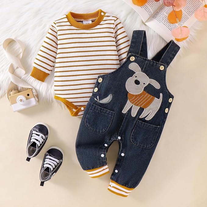 Baby Boy Clothes Fall Winter Outfits Long Sleeve Striped Romper Cute Cartoon - Image 2