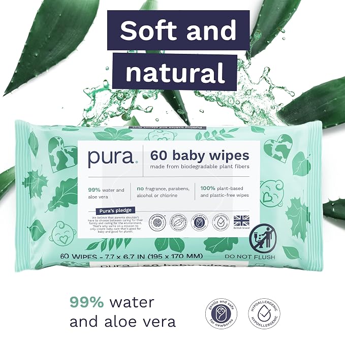 Pura Baby Wipes 3 x 60 per pack 100% Plastic-Free & Plant Based Wipes, 99% Water - Image 6