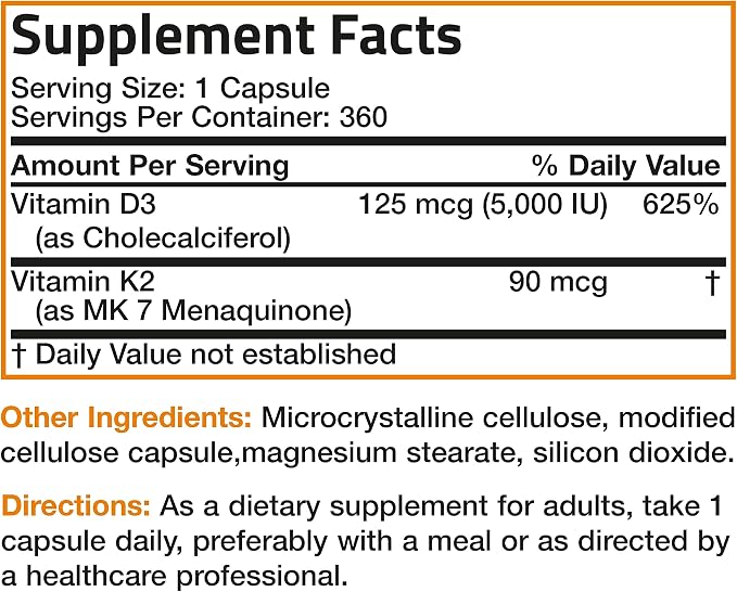 Bronson Vitamin K2 with D3 Supplement Non-GMO Formula 5000 IU Vitamin D3 & 90 - Image 8