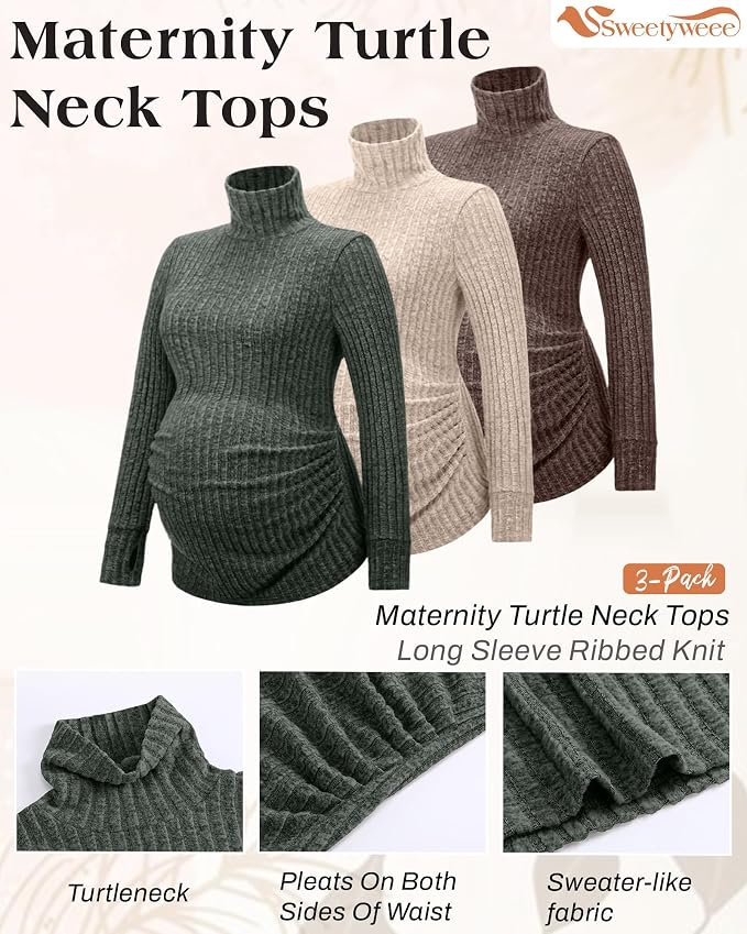 3 Pack Maternity T-Shirts Pregnancy Tops Women Sweater Long Sleeve Turtleneck - Image 3